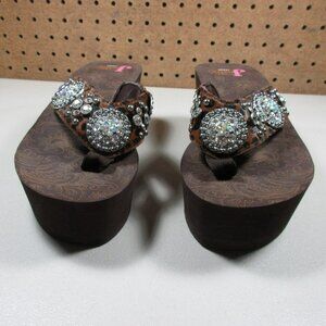 Justin womens brown an beige Blingy high platform Western thong sandals 5 M